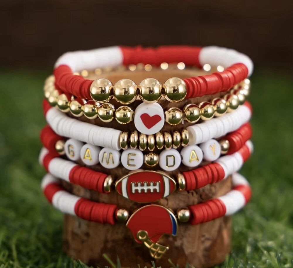 Football Game Day Bracelet Set Red White Gold Stretch Beaded 6pc Stack